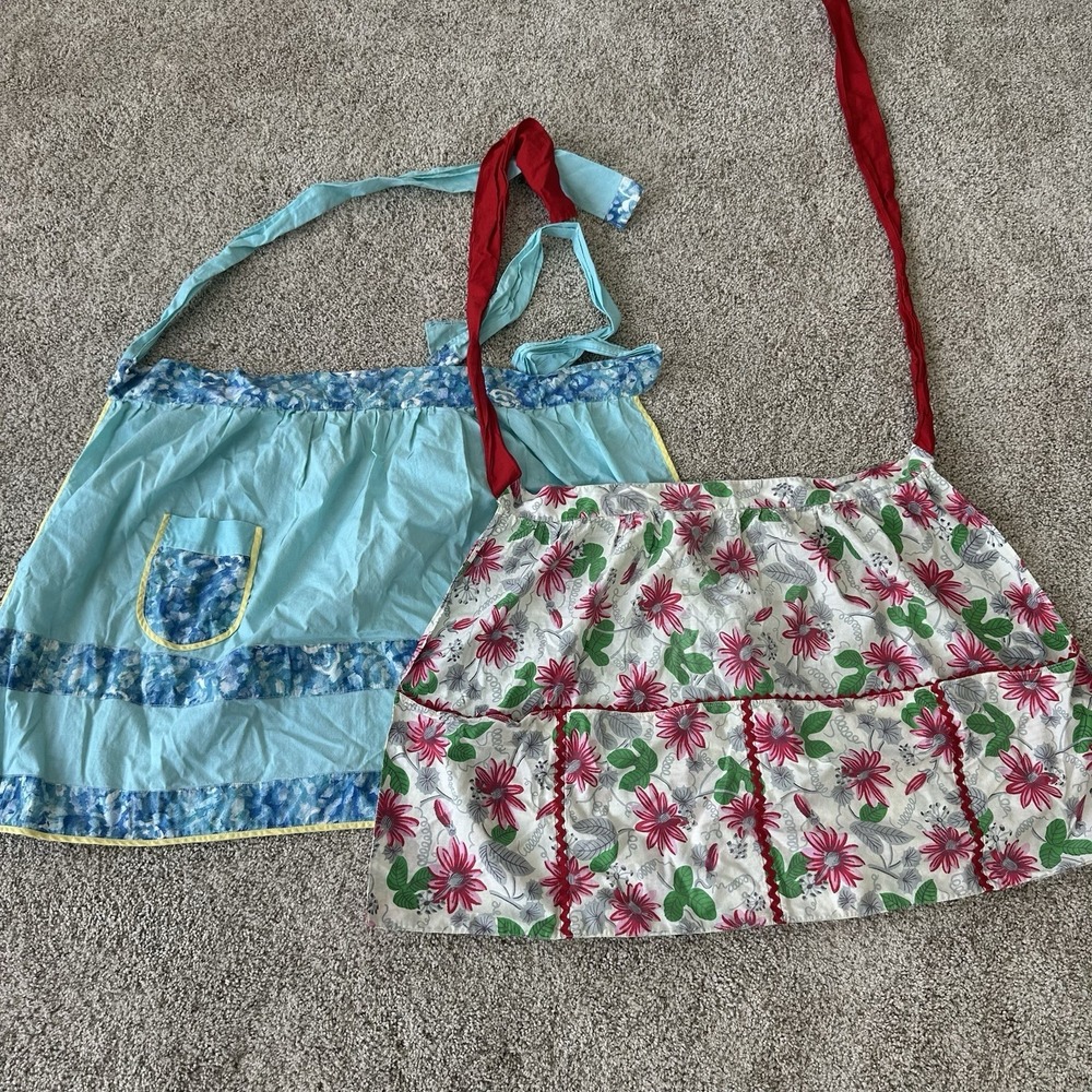 Lot Of 2 Vintage Half Apron Handmade Pockets Tie Back Farmhouse Floral Blue
